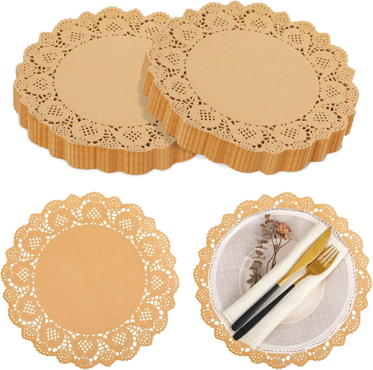 600 Pcs Round Paper Placemats Disposable 12 Inch Kraft Paper Doilies for Dinner Plates Charger Plates Place Mats for Cakes Desserts Food Event Weddings Party Decor(Brown)